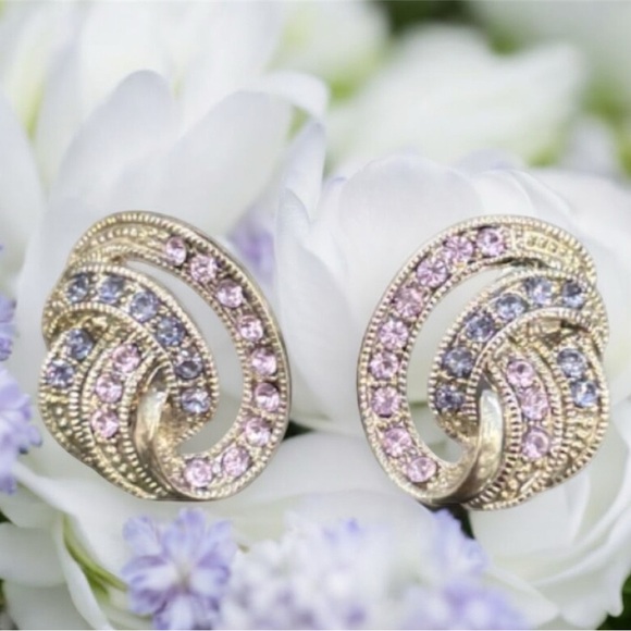 Vintage Jewelry - Vintage Earrings Sparkling Pink Purple Crystal Cubic Zirconia Formal Swirl Knot